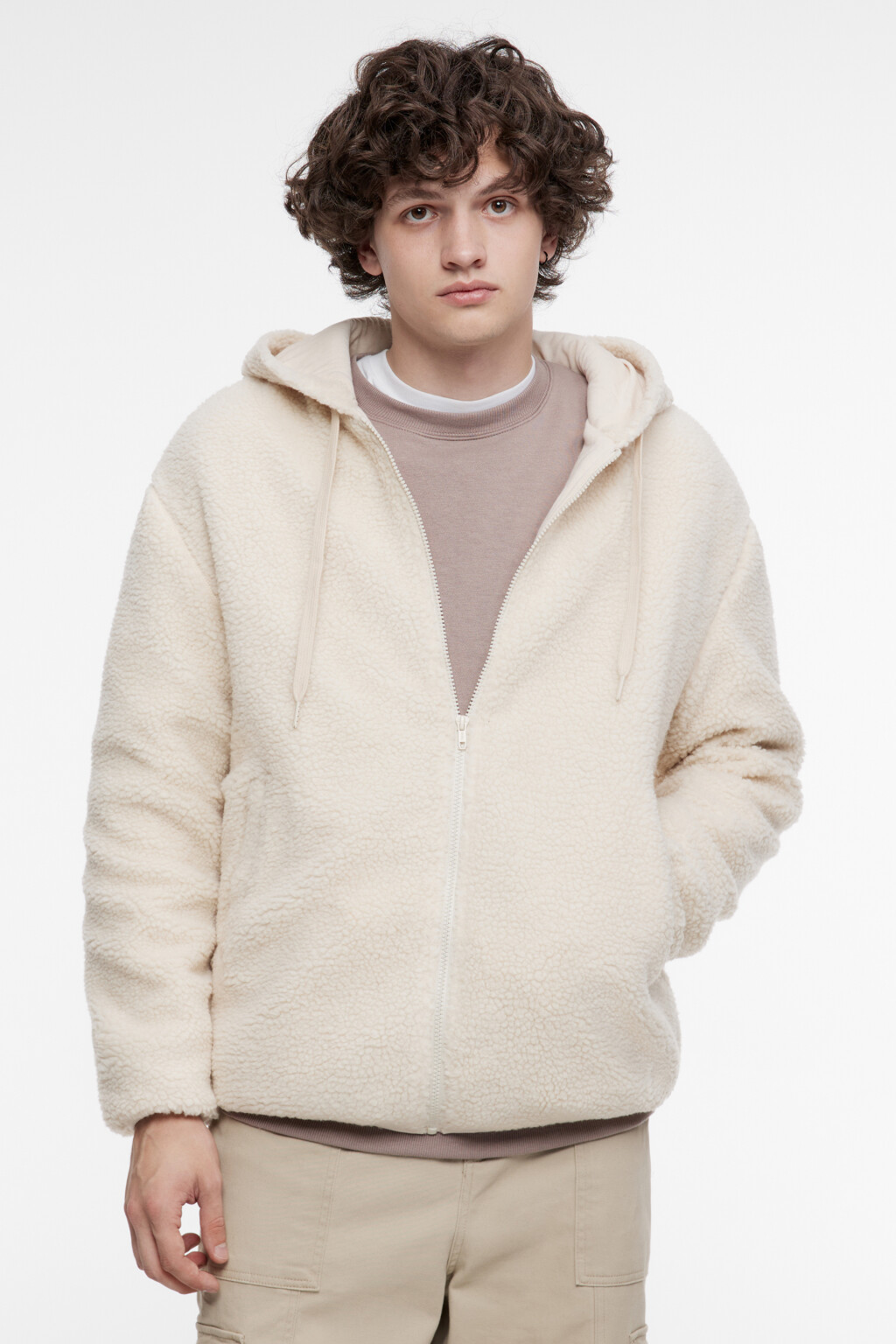 Худи oversize на молнии флисовая с капюшоном - цвет ванильный - 3