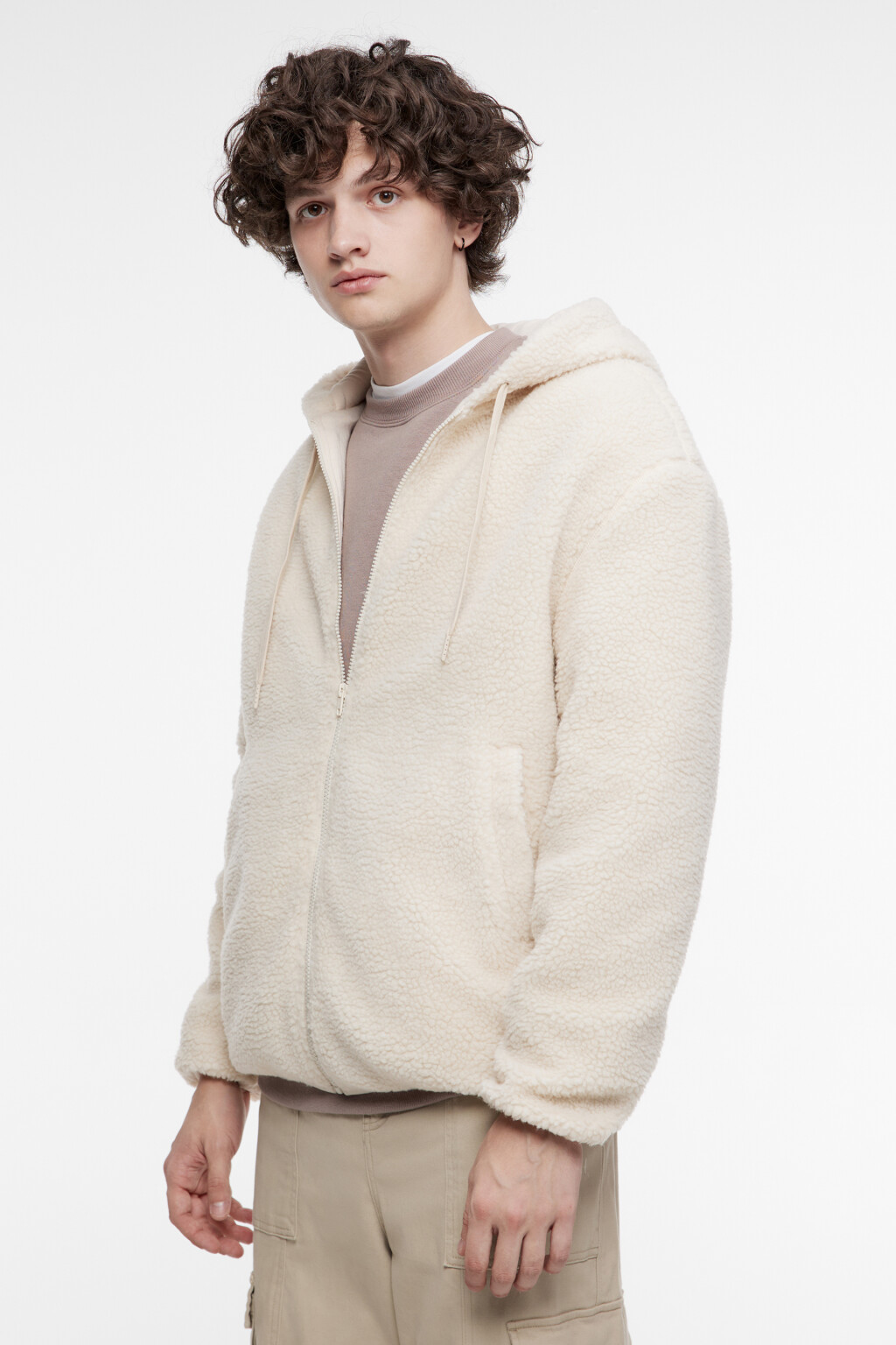 Худи oversize на молнии флисовая с капюшоном - цвет ванильный - 4