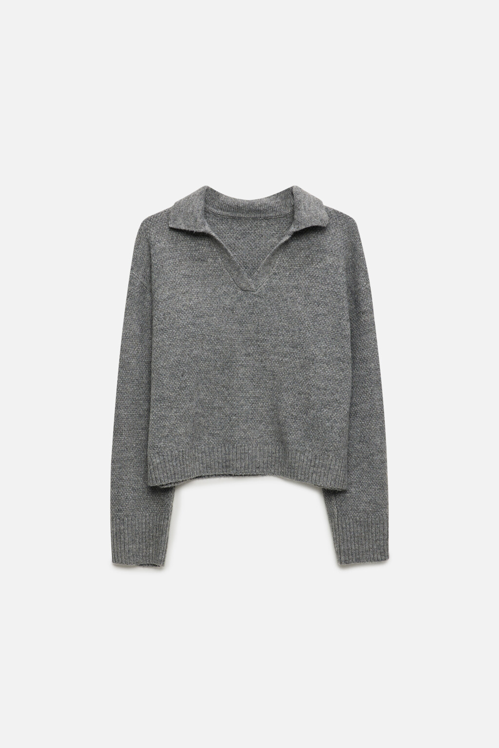 Джемпер вязаный ажурный с воротником-поло - цвет серый - 8