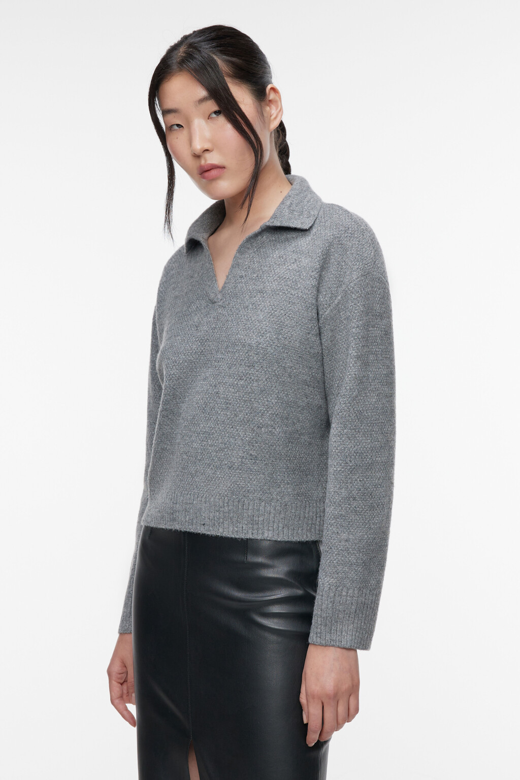Джемпер вязаный ажурный с воротником-поло - цвет серый - 3