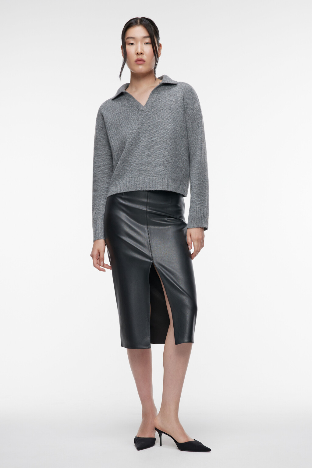 Джемпер вязаный ажурный с воротником-поло - цвет серый - 5