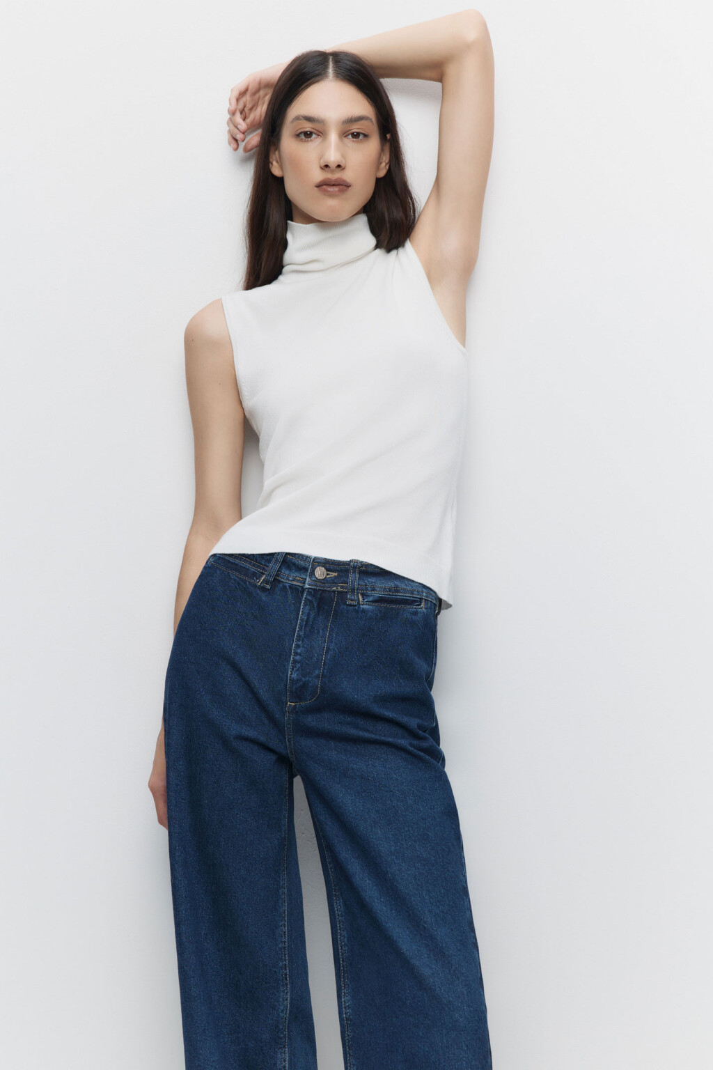 Джинсы wide с высокой посадкой и открытыми срезами - цвет синий - 2