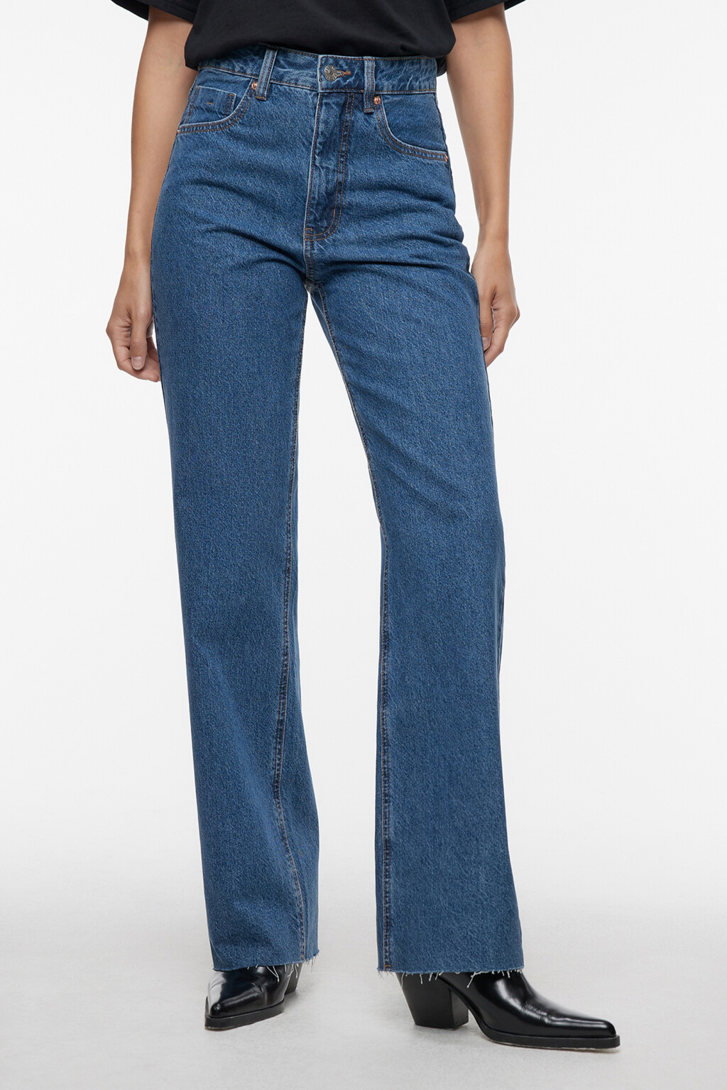 Джинсы широкие с высокой посадкой и открытыми срезами - цвет голубой - 2