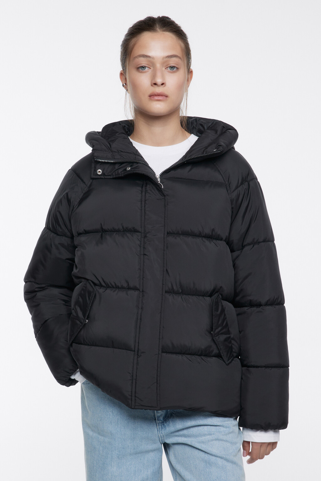 Куртка oversize стеганая утепленная с капюшоном - цвет черный - 2