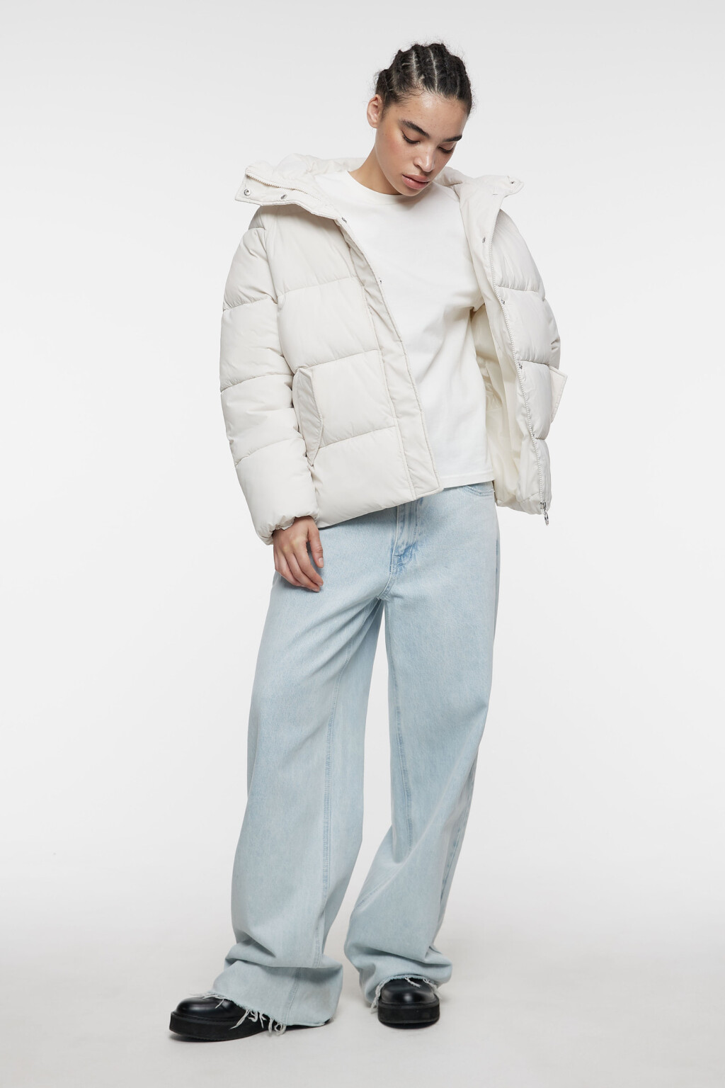 Куртка oversize стеганая утепленная с капюшоном - цвет молочный - 1