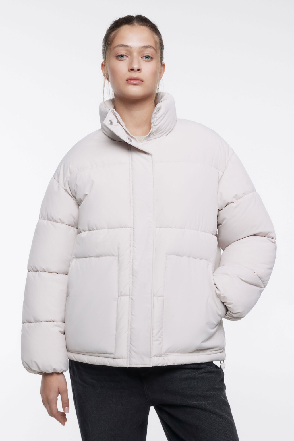 Куртка oversize короткая стеганая с воротником-стойкой - цвет бежевый - 2