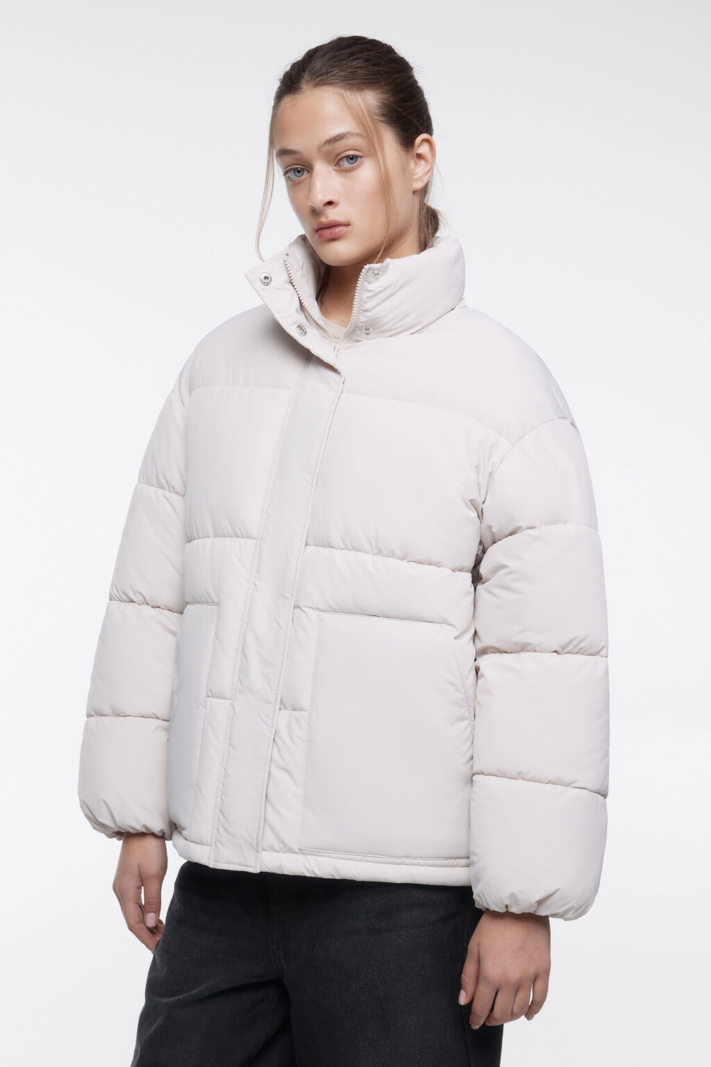 Куртка oversize короткая стеганая с воротником-стойкой - цвет бежевый - 3