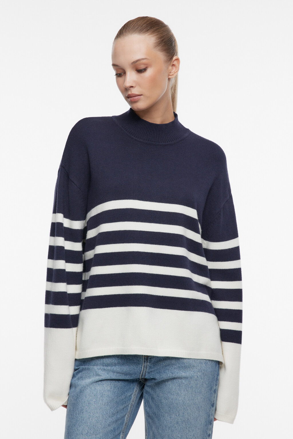 Свитер вязаный вискозный с коротким воротником - цвет синий - 1