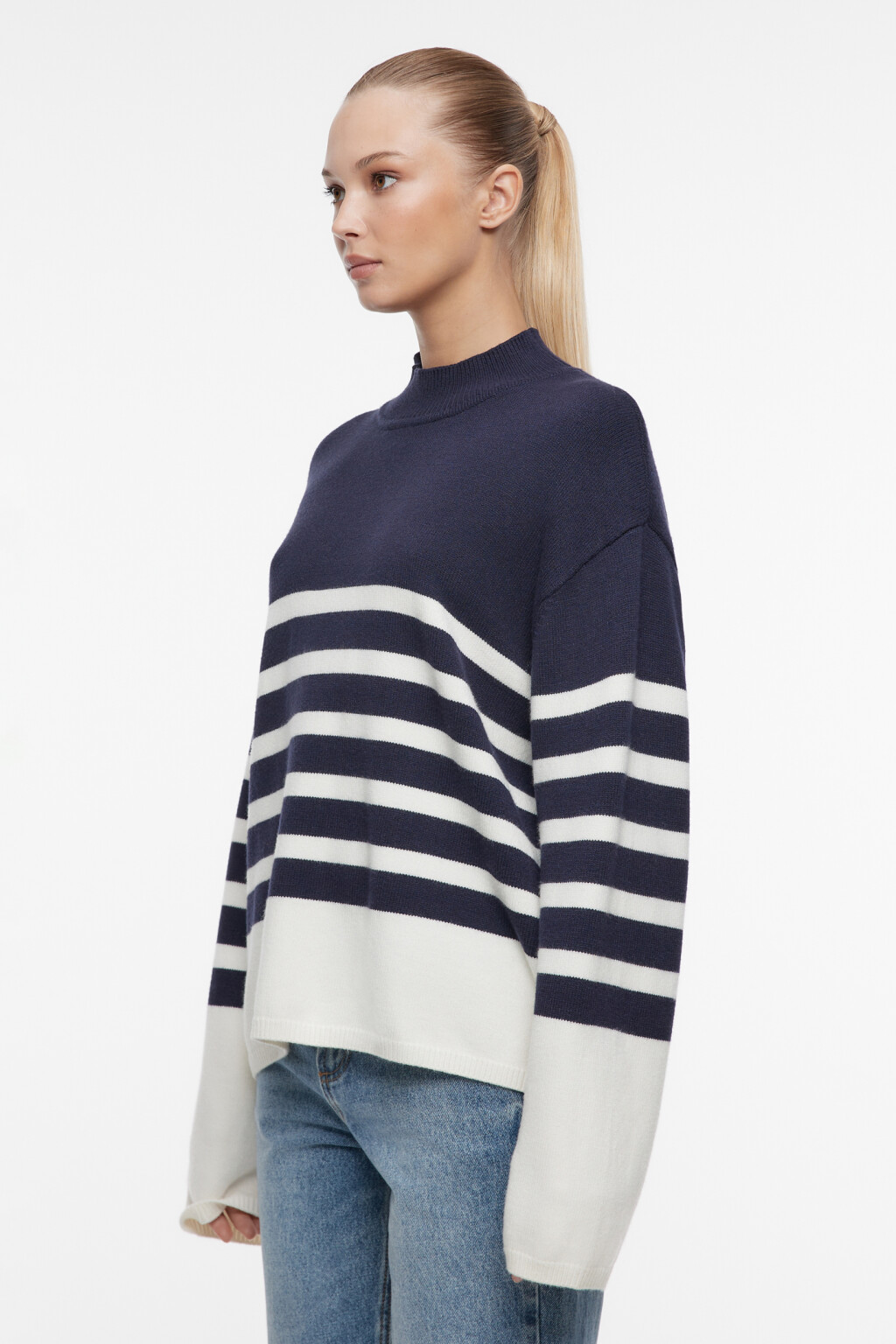 Свитер вязаный вискозный с коротким воротником - цвет синий - 2