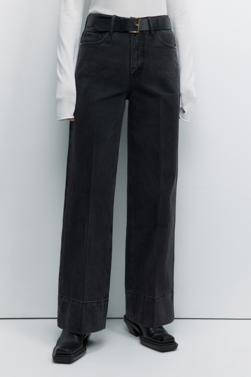 Джинсы широкие с высокой посадкой и ремнем из искусственной кожи - цвет серый - 2