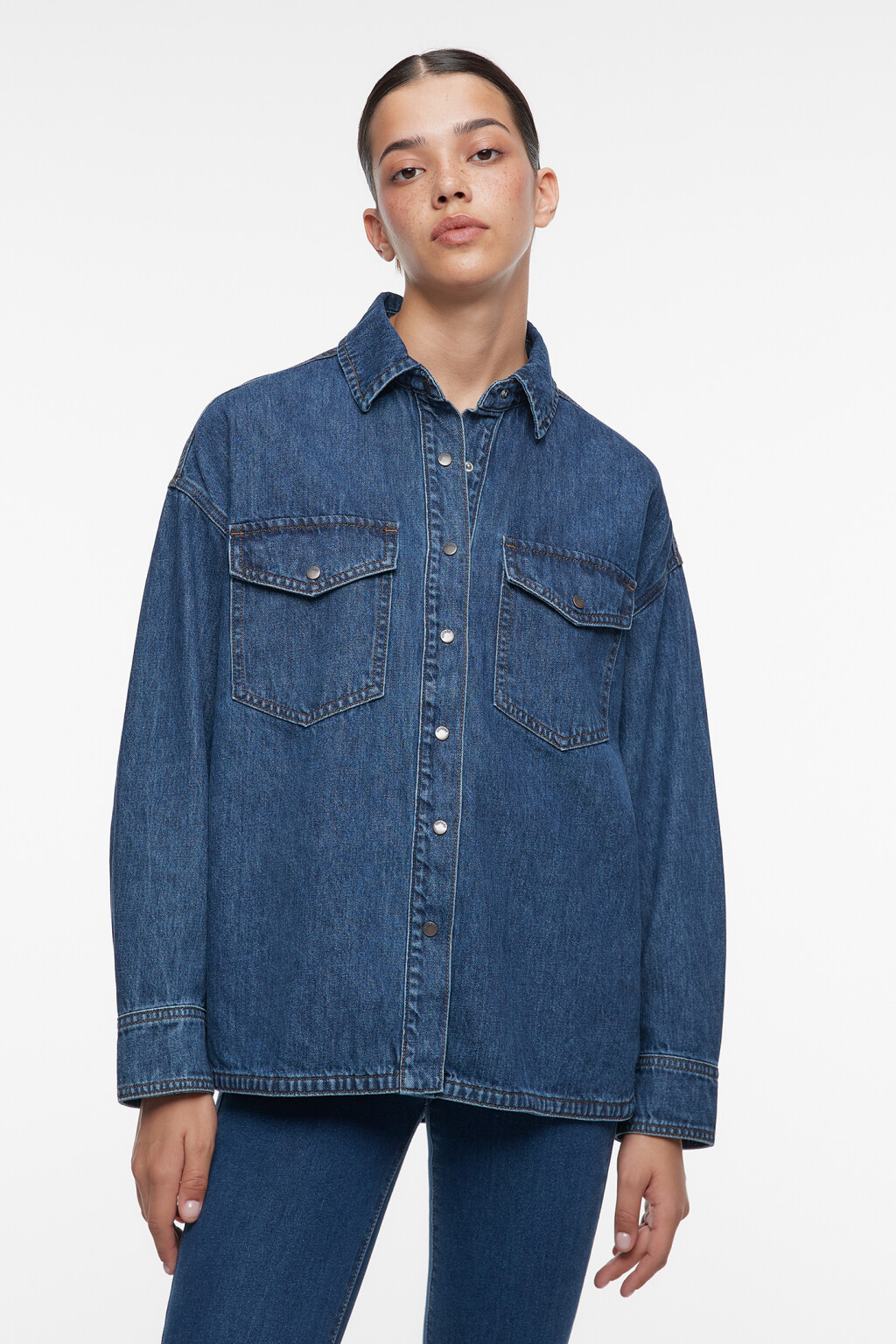 Рубашка oversize джинсовая с нагрудными карманами - цвет синий - 2