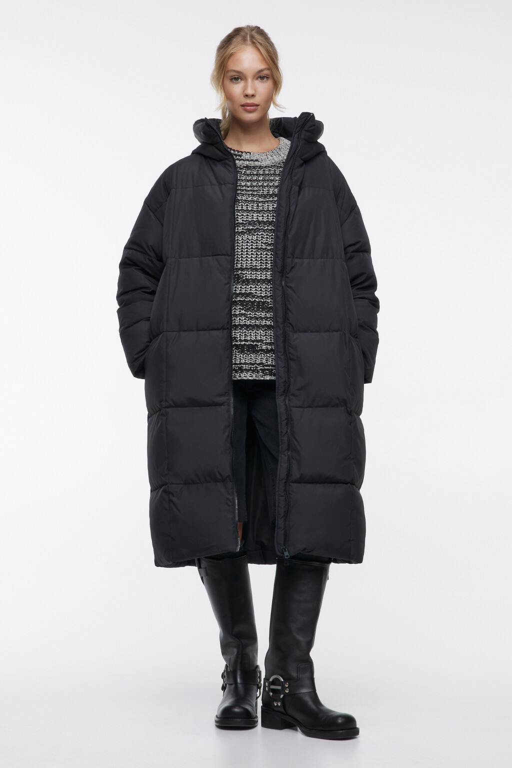 Пальто-пуховик стеганое на натуральном утеплителе - цвет черный - 1