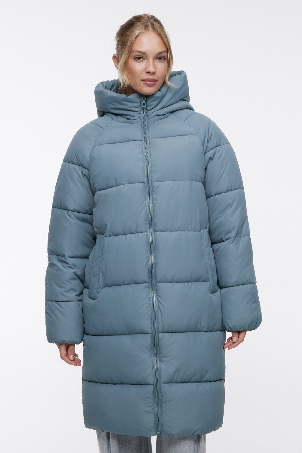 Пальто длинное стеганое утепленное с капюшоном - цвет зеленый - 2