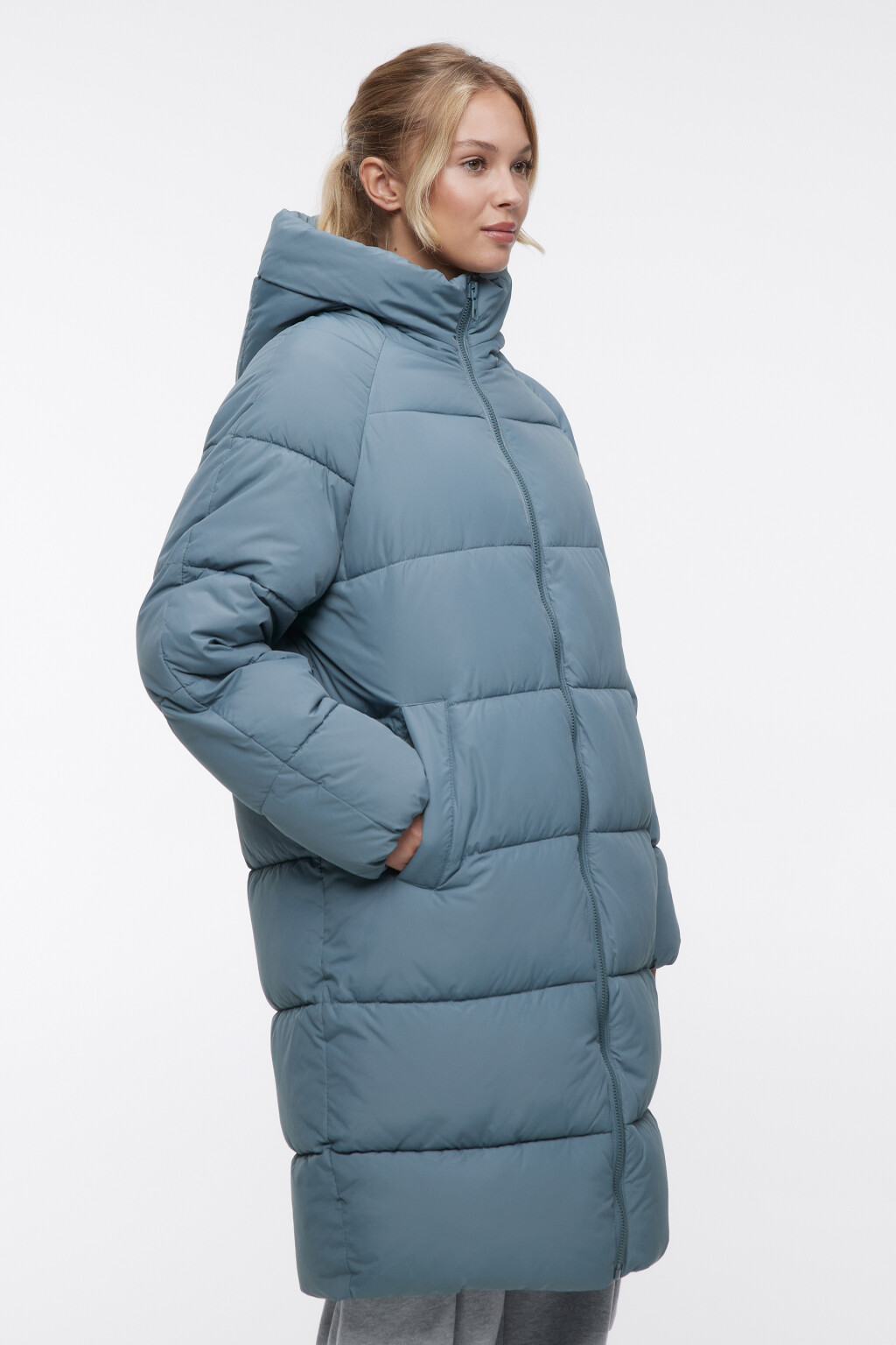 Пальто длинное стеганое утепленное с капюшоном - цвет зеленый - 3