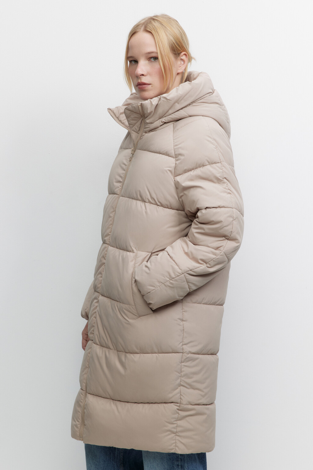 Пальто длинное стеганое утепленное с капюшоном - цвет бежевый - 3