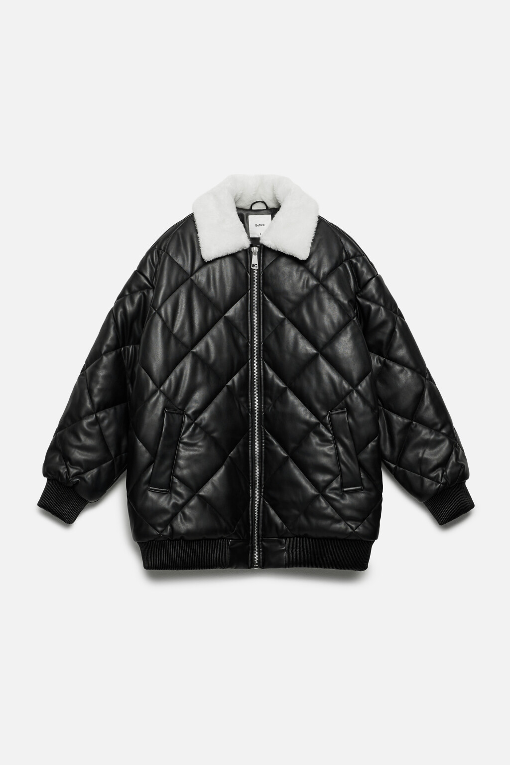 Куртка-бомбер oversize из искусственной кожи с меховым воротником - цвет черный - 8