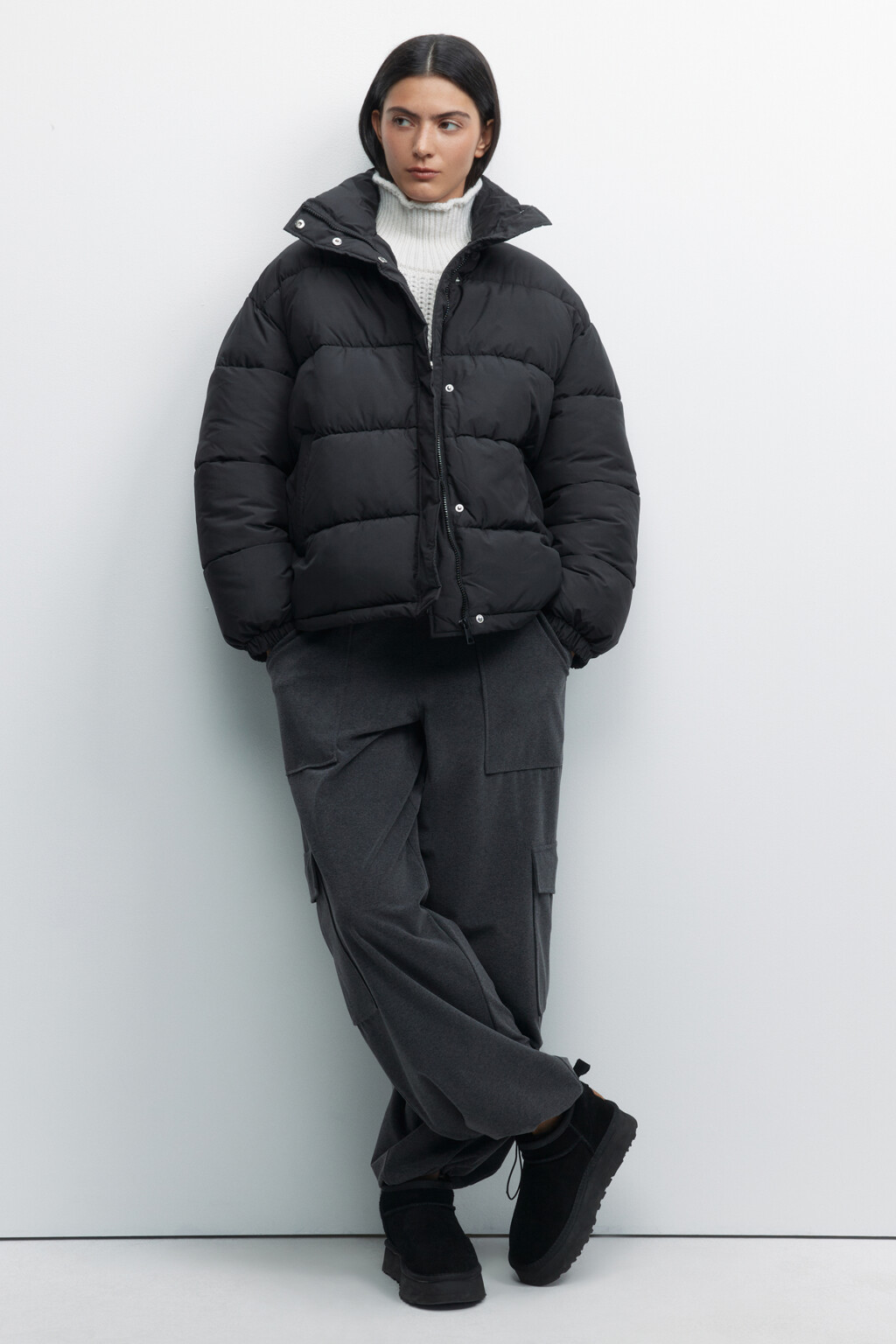 Куртка-пуховик стеганая с воротником-стойкой - цвет черный - 1