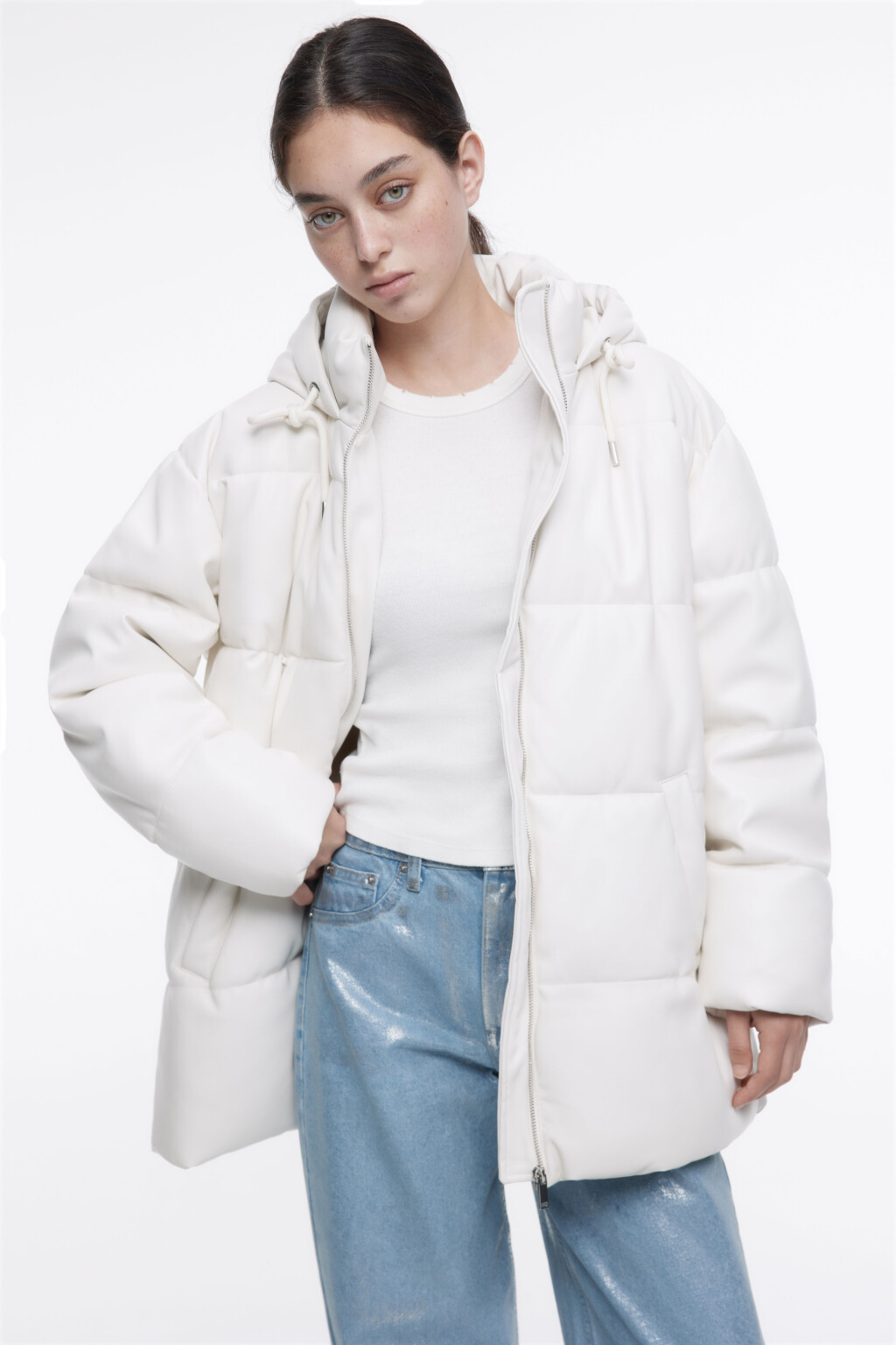 Куртка из искусственной кожи с капюшоном - цвет бежевый - 1