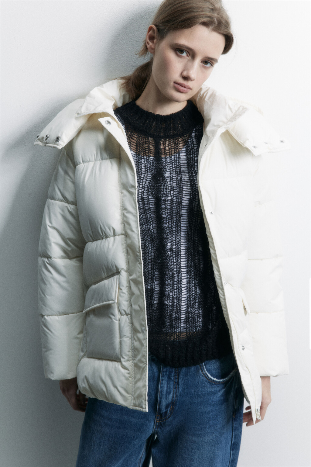 Куртка oversize стеганая утепленная с капюшоном - цвет молочный - 1