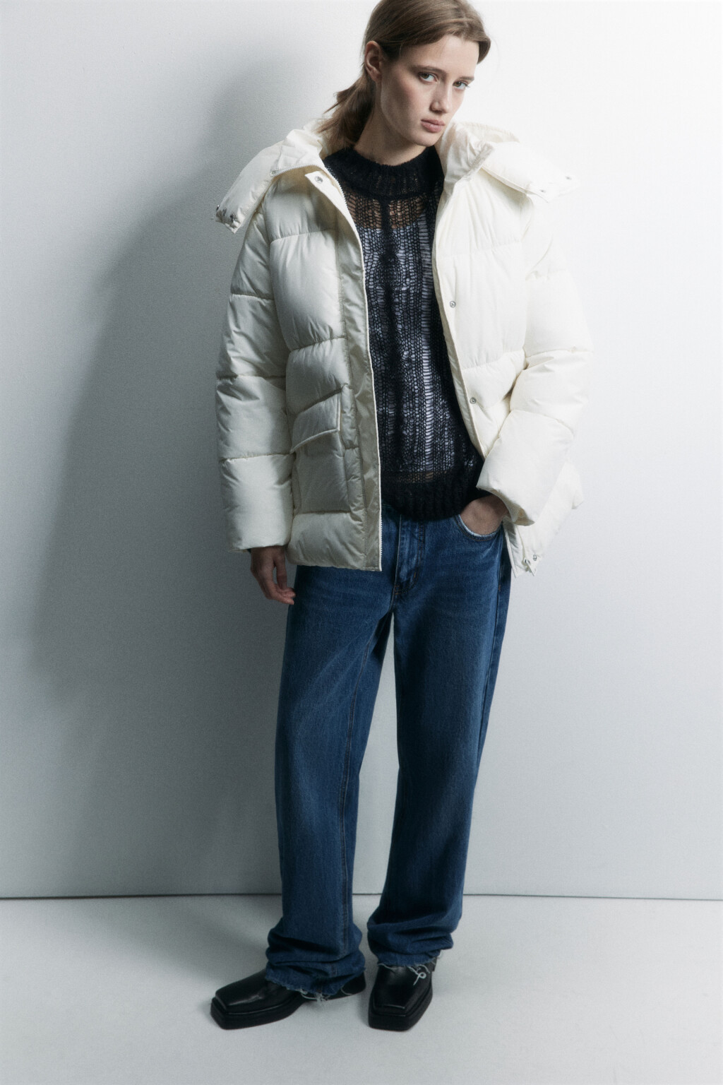 Куртка oversize стеганая утепленная с капюшоном - цвет молочный - 2