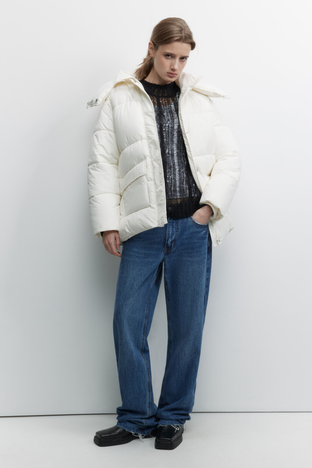 Куртка oversize стеганая утепленная с капюшоном - цвет молочный - 6