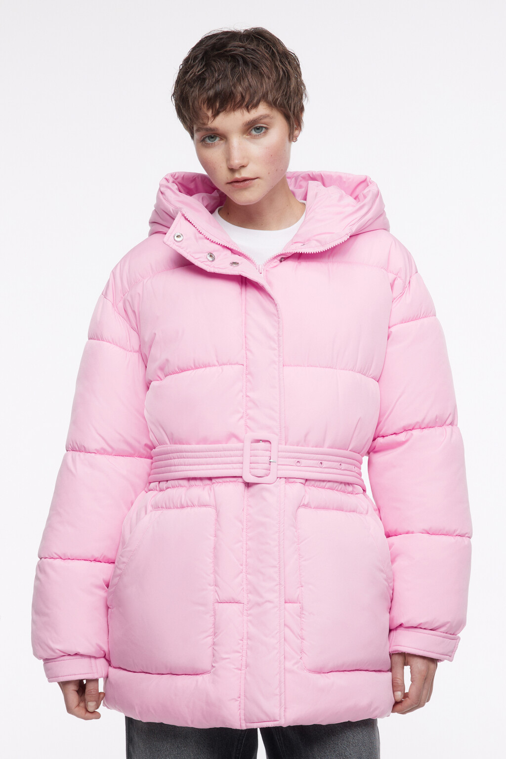 Куртка стеганая с поясом и капюшоном с ушками - цвет розовый - 3