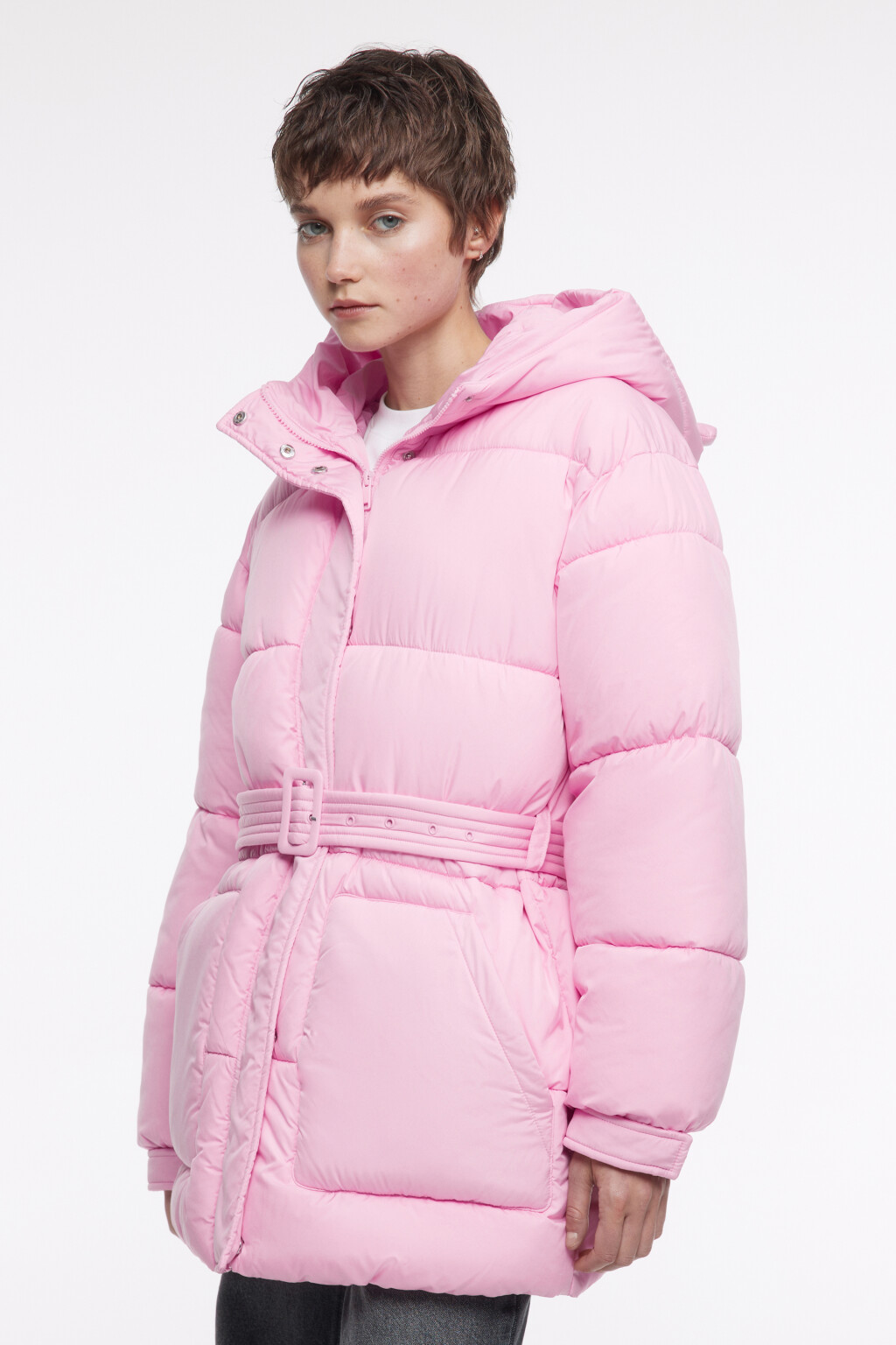 Куртка стеганая с поясом и капюшоном с ушками - цвет розовый - 4