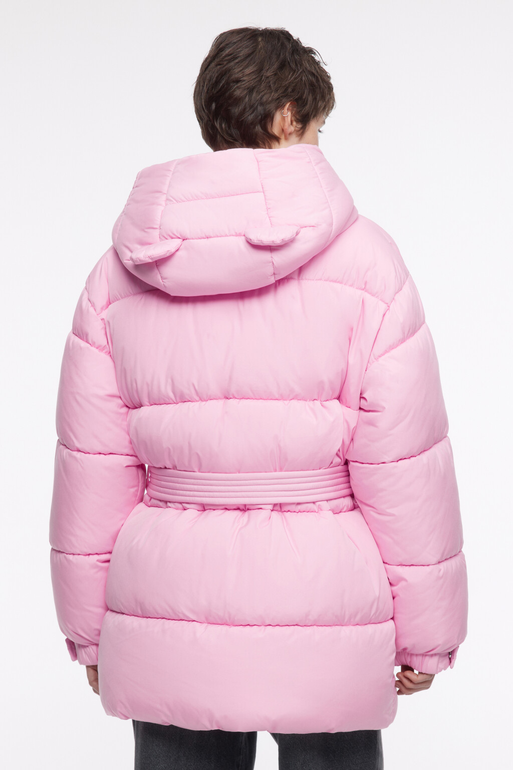 Куртка стеганая с поясом и капюшоном с ушками - цвет розовый - 5