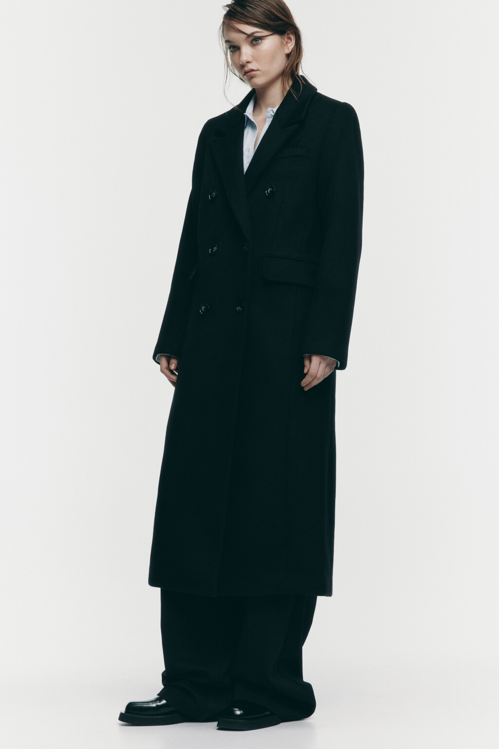 Пальто длинное двубортное из шерстяной ткани - цвет черный - 3