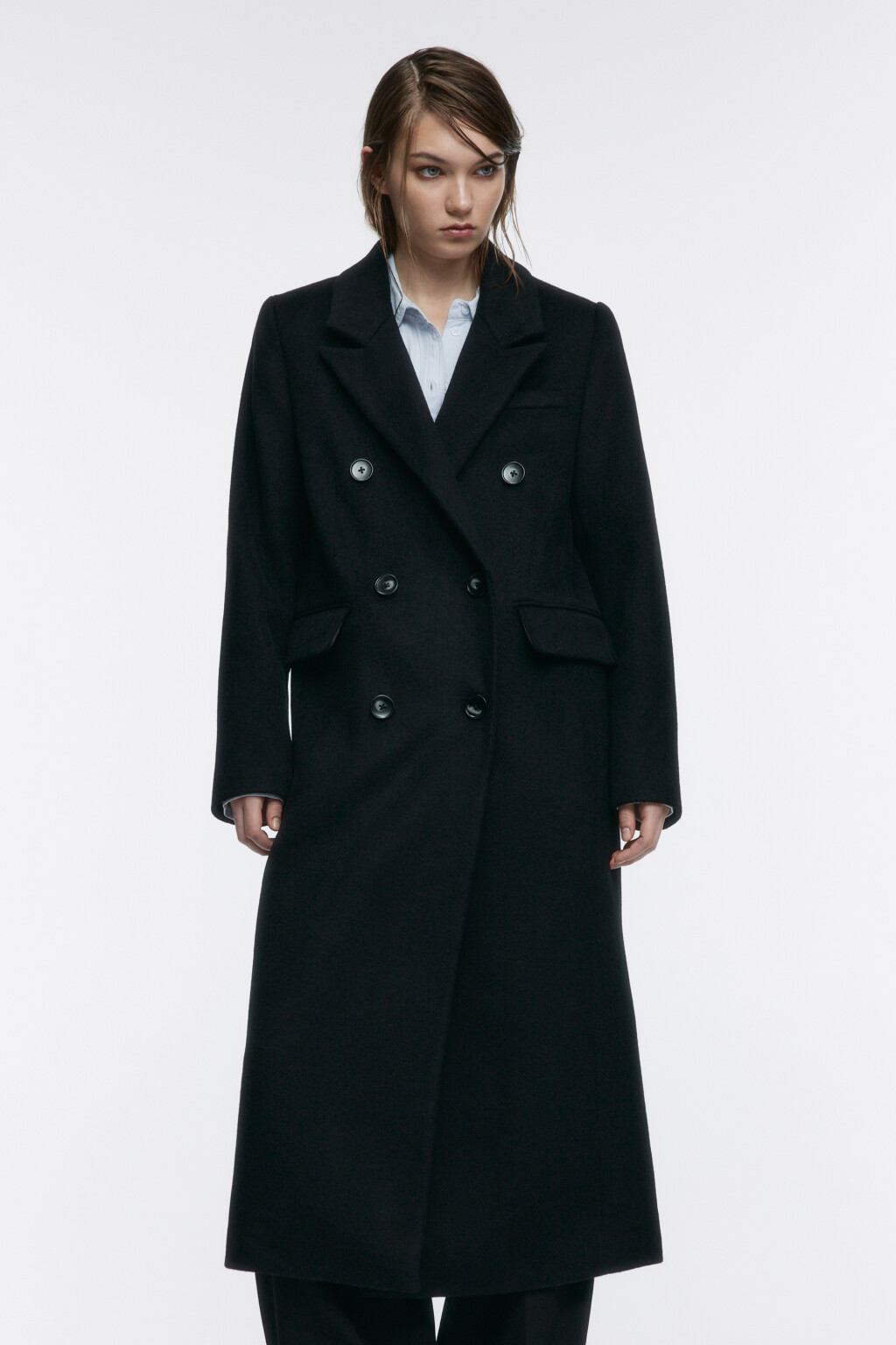 Пальто длинное двубортное из шерстяной ткани - цвет черный - 9