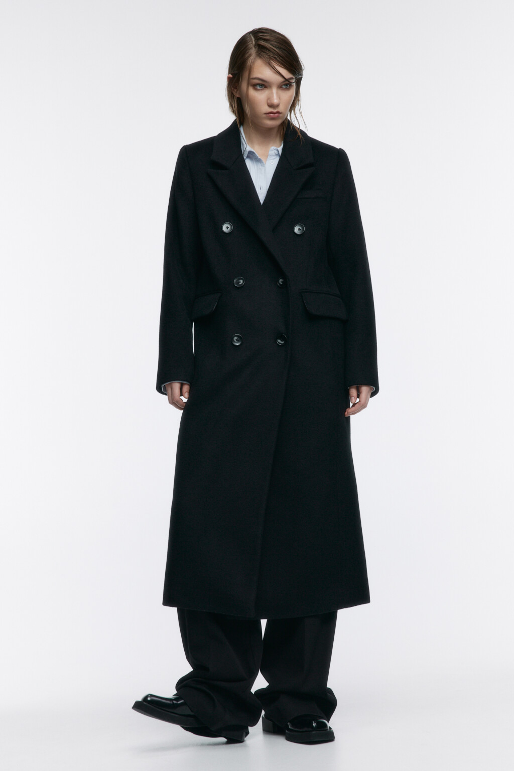 Пальто длинное двубортное из шерстяной ткани - цвет черный - 4