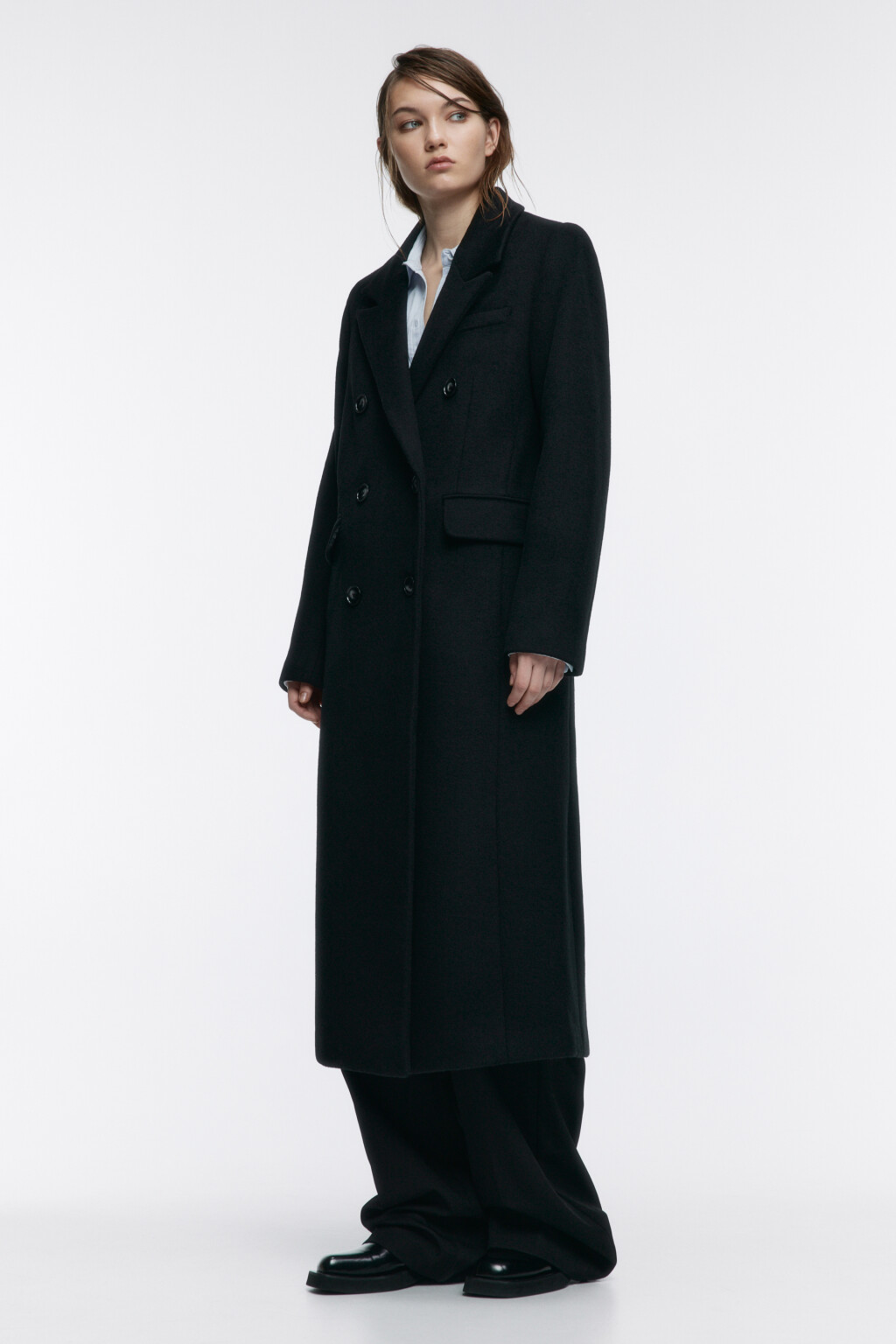 Пальто длинное двубортное из шерстяной ткани - цвет черный - 2