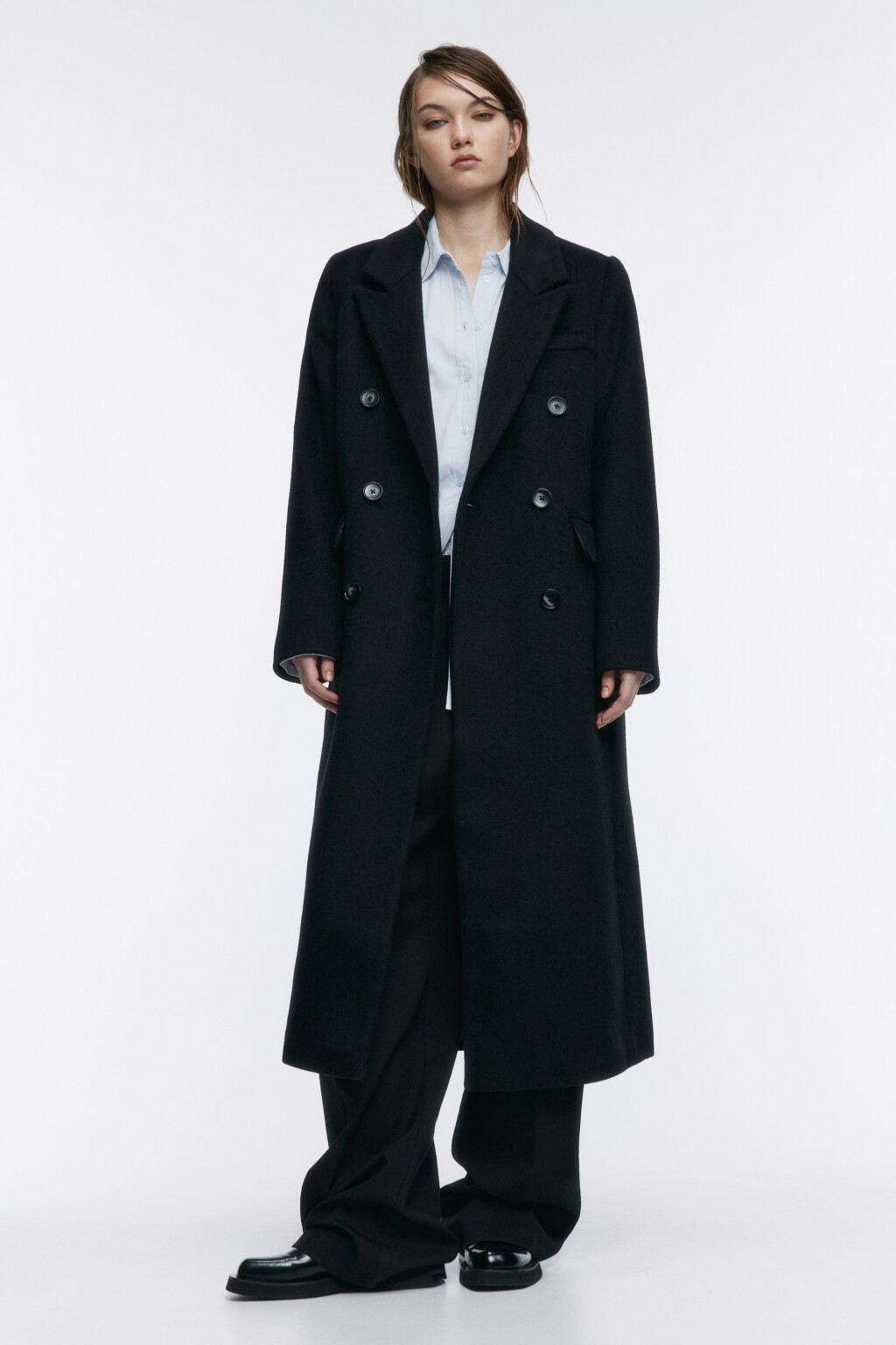 Пальто длинное двубортное из шерстяной ткани - цвет черный - 6