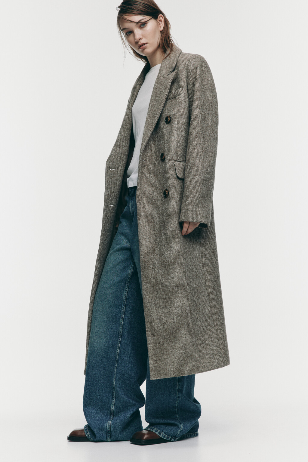 Пальто длинное двубортное из шерстяной ткани - цвет коричневый - 1