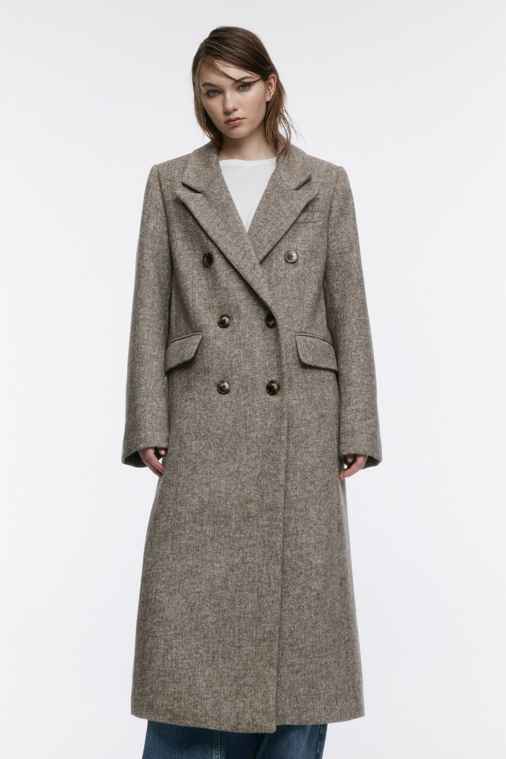 Пальто длинное двубортное из шерстяной ткани - цвет коричневый - 8