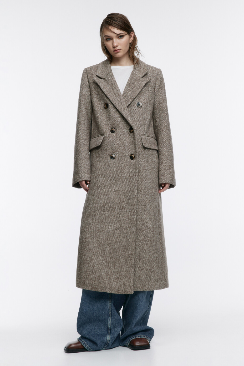 Пальто длинное двубортное из шерстяной ткани - цвет коричневый - 4