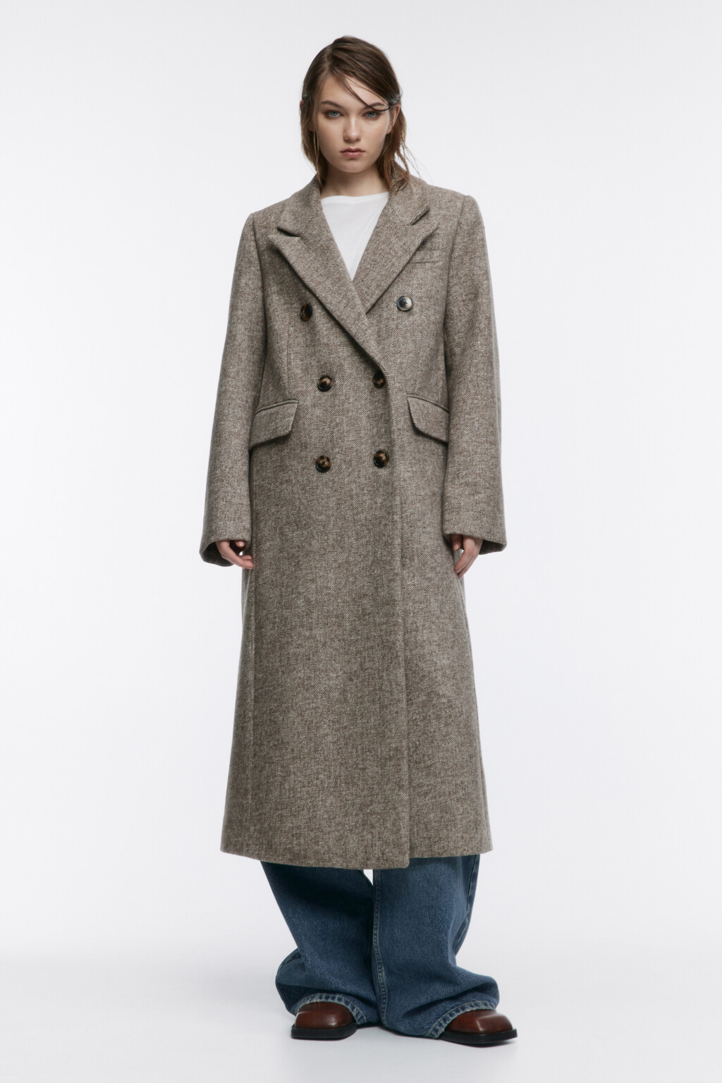 Пальто длинное двубортное из шерстяной ткани - цвет коричневый - 6