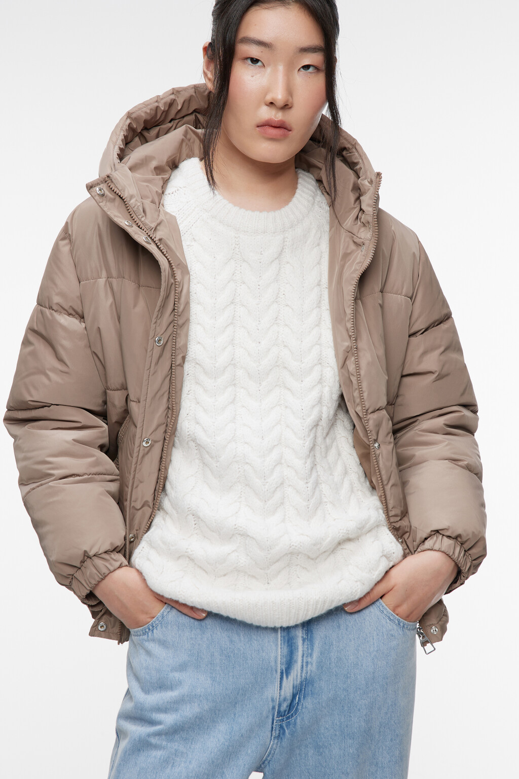 Куртка короткая стеганая с капюшоном и воротником - цвет коричневый - 1