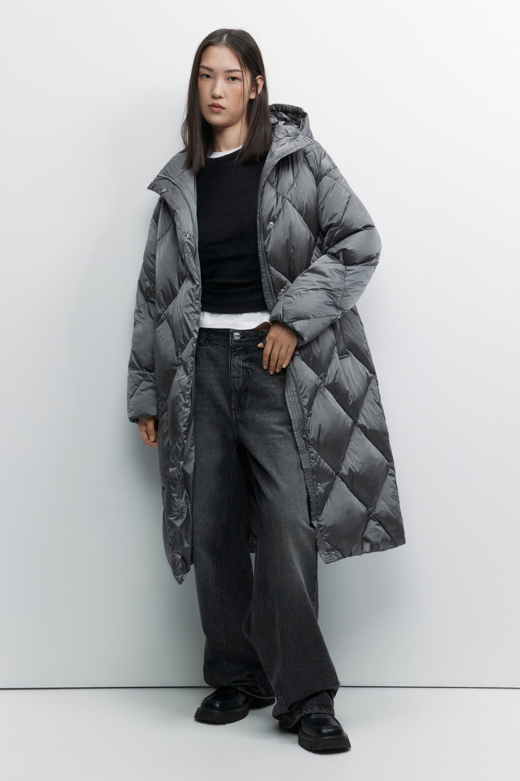 Пуховик удлиненный на натуральном утеплителе - цвет серый - 1