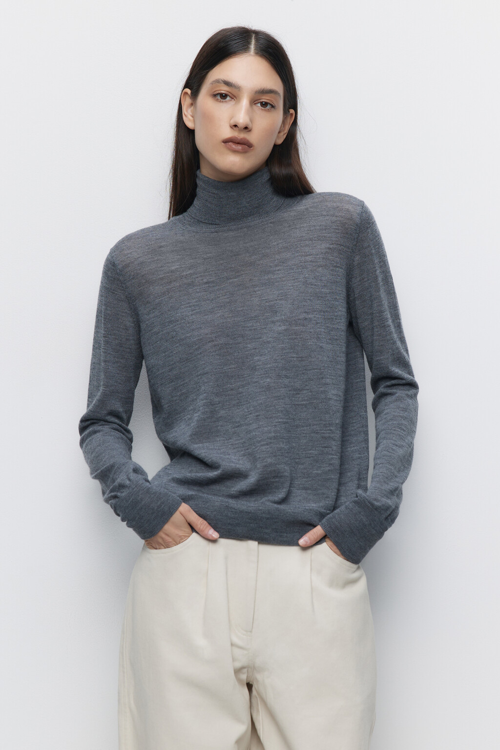 Водолазка вязаная премиум из шерсти мериноса - цвет серый - 3