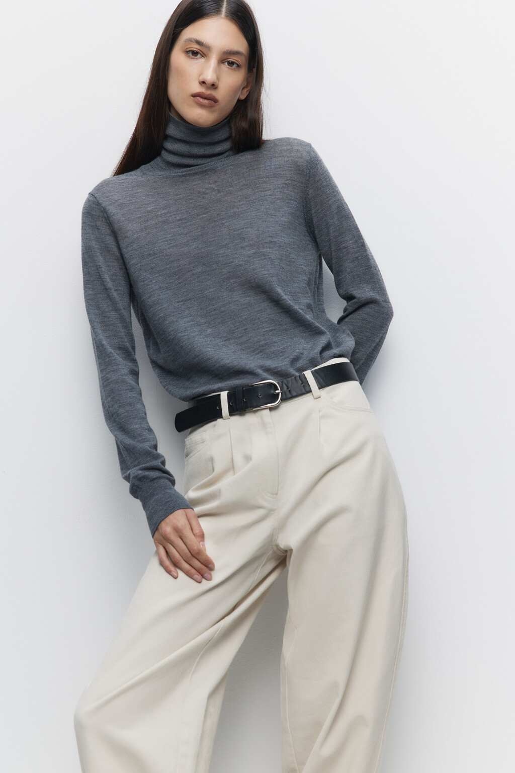 Водолазка вязаная премиум из шерсти мериноса - цвет серый - 2