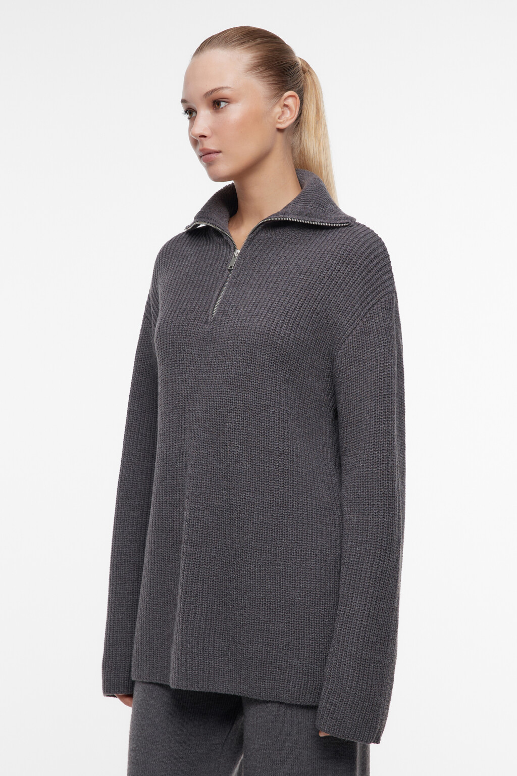 Джемпер вязаный свободный с воротником на молнии - цвет серый - 2