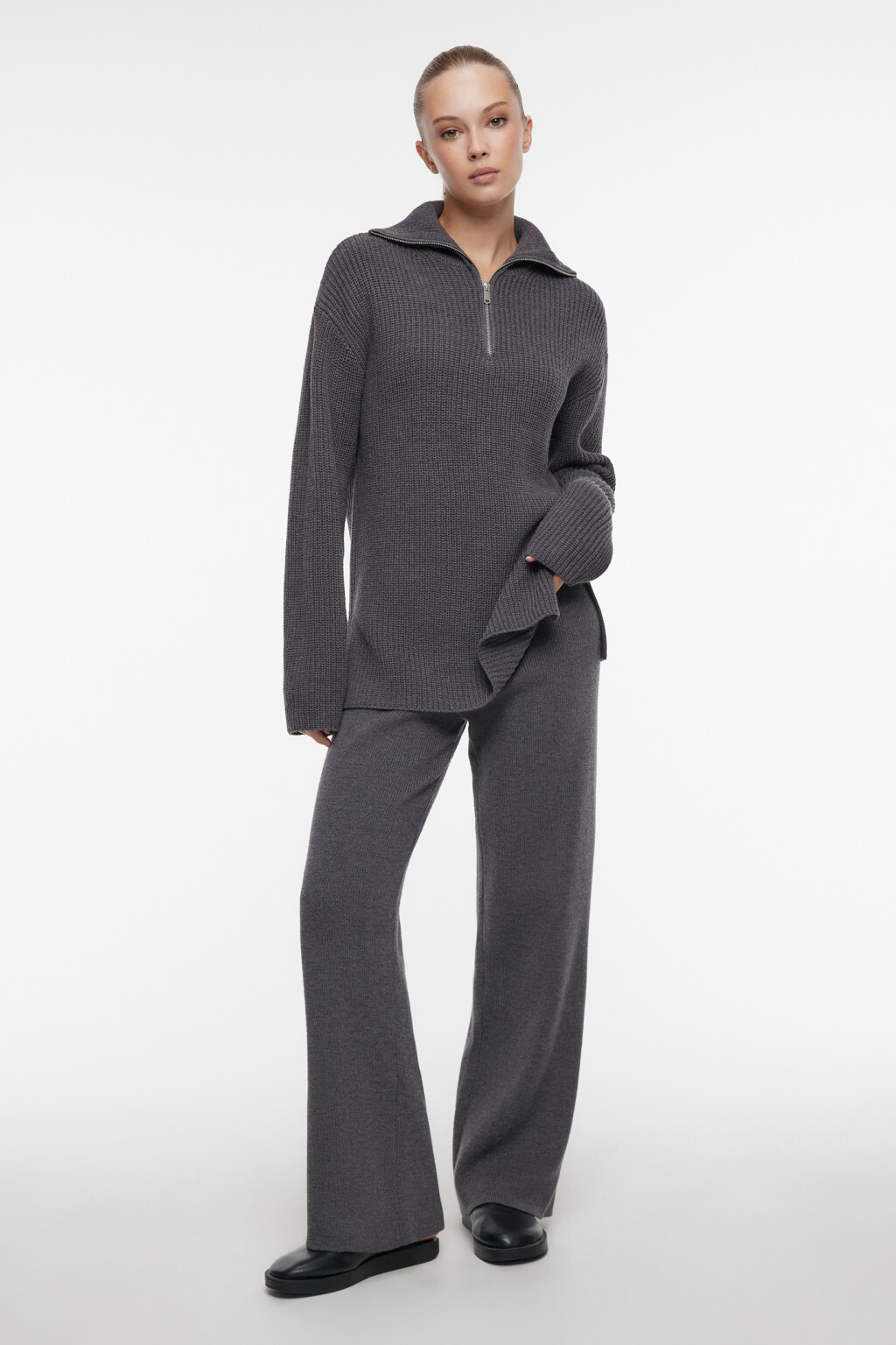Джемпер вязаный свободный с воротником на молнии - цвет серый - 4
