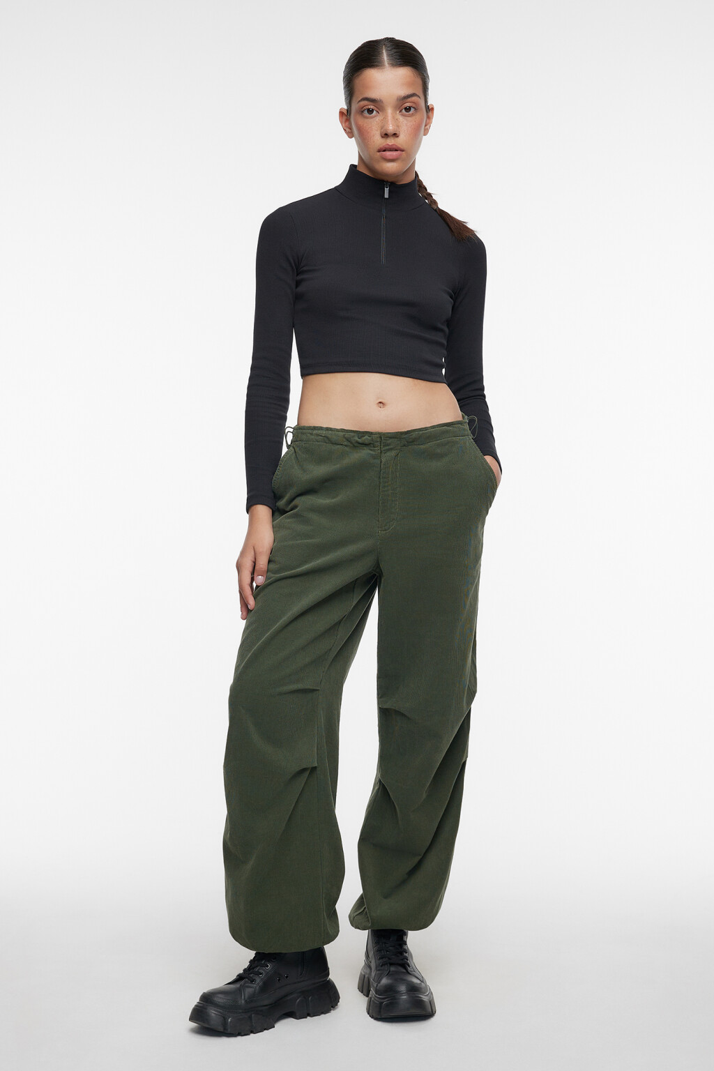 Брюки-парашюты широкие вельветовые на низкой посадке - цвет зеленый - 4