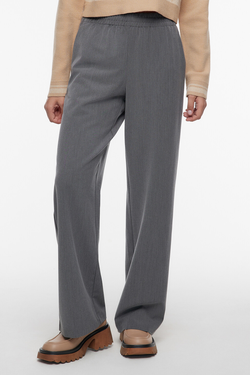 Брюки широкие костюмные с поясом-резинкой - цвет серый - 1