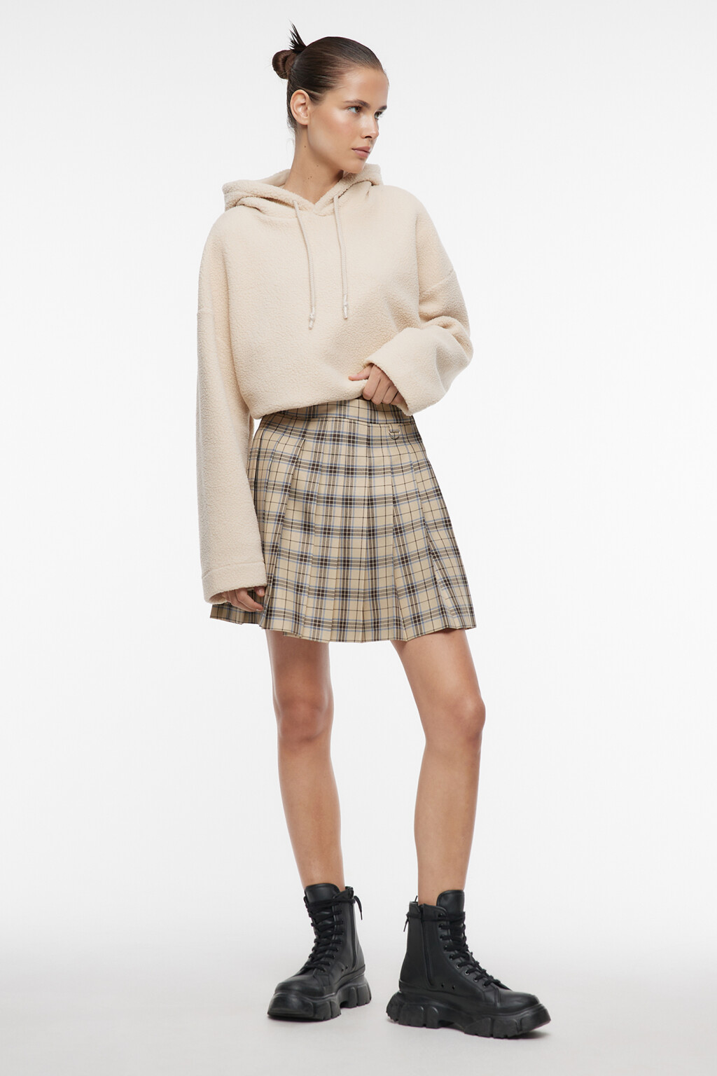 Юбка-солнышко мини плиссированная в клетку - цвет бежевый - 1