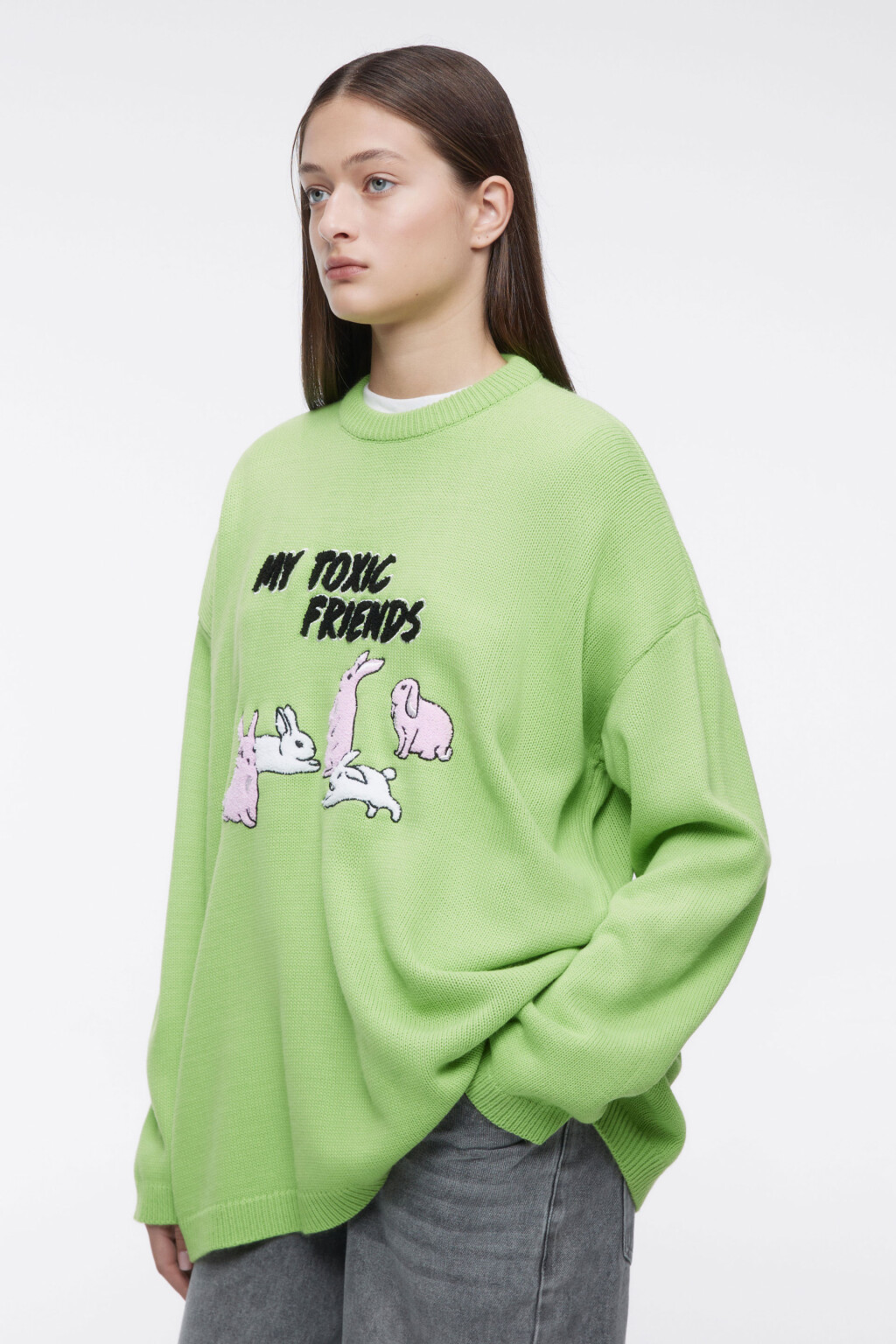 Джемпер вязаный свободный с принтом-патчем - цвет зеленый - 3