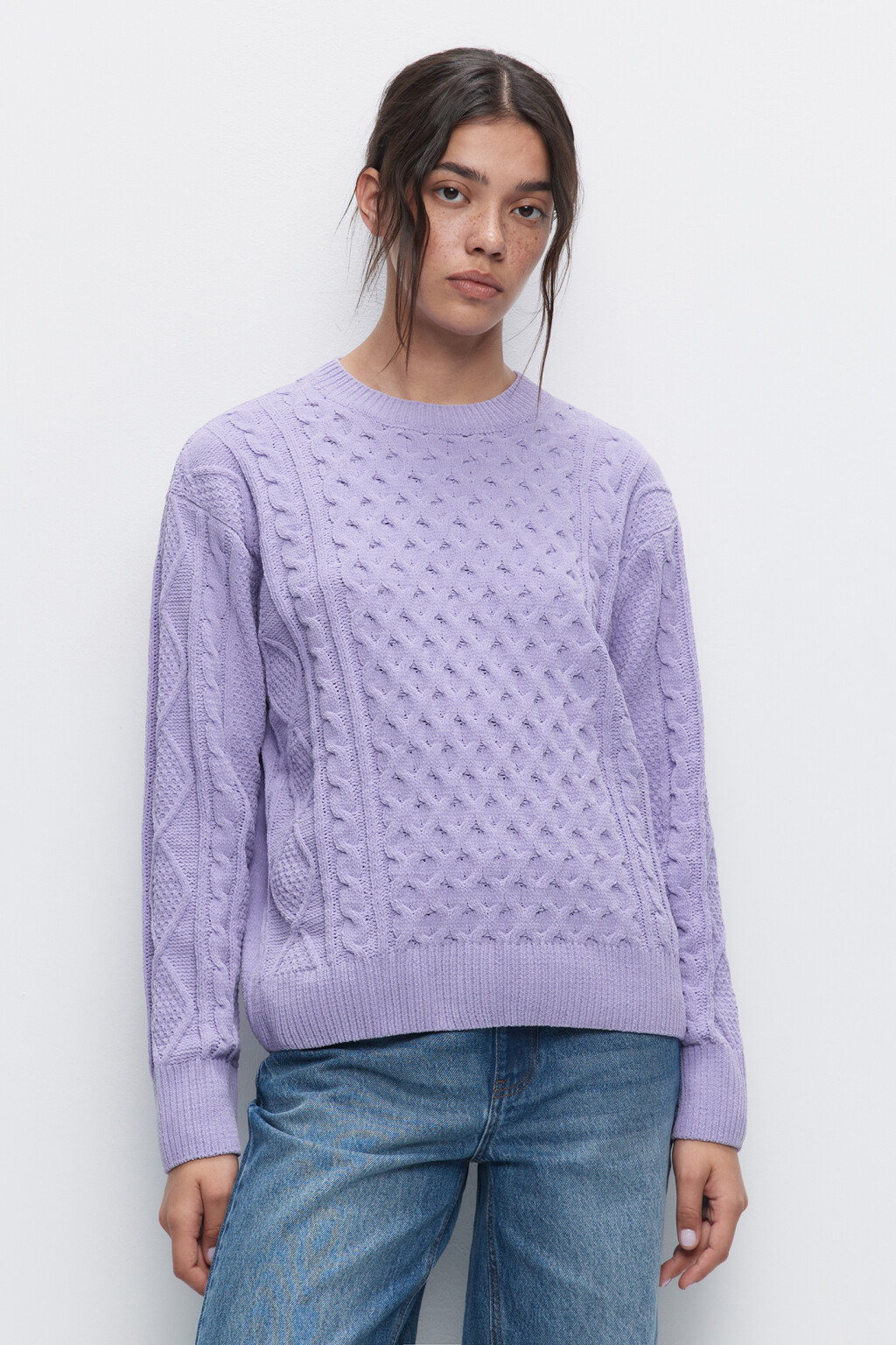 Джемпер вязаный свободный с объемным узором - цвет сиреневый - 1
