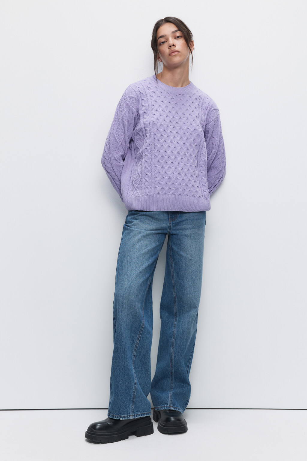 Джемпер вязаный свободный с объемным узором - цвет сиреневый - 4