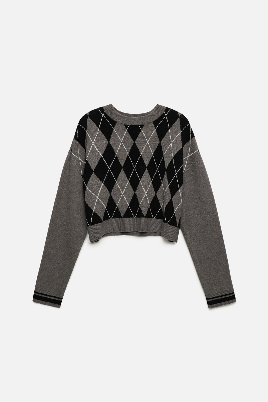 Джемпер вязаный укороченный с принтом с ромбами - цвет серый - 7